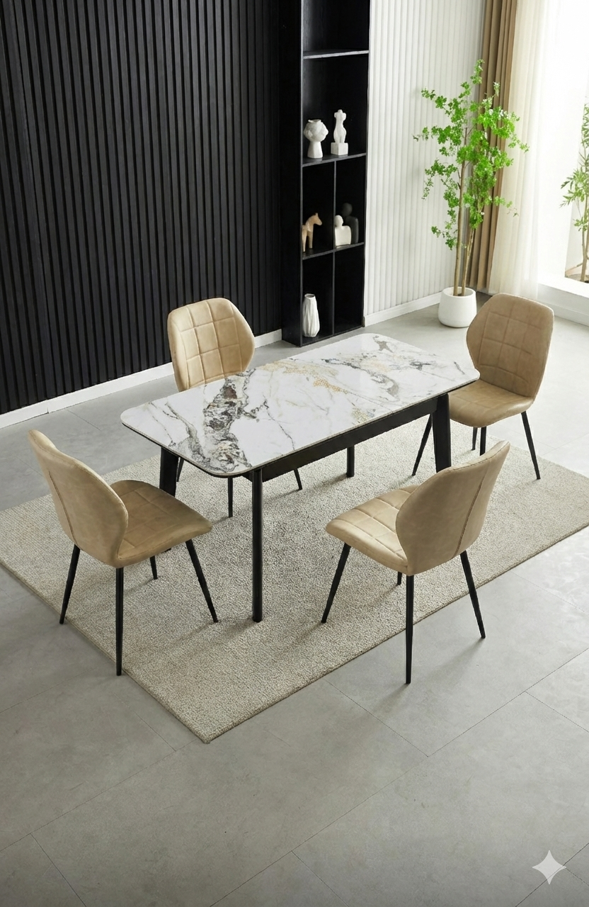 Arizona Extending Cream Gold Ceramic Table With Oliver Chairs