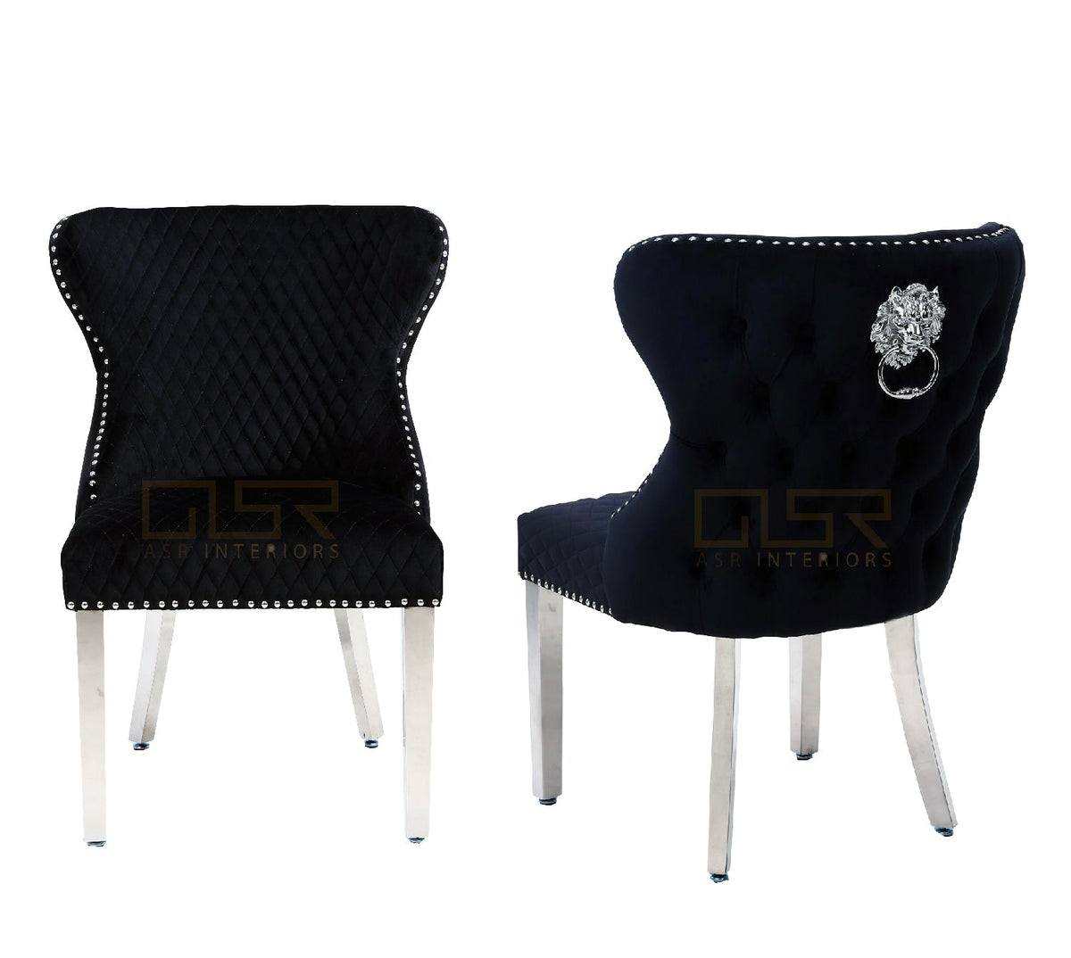 Set Of 2 Valentino Black Velvet Dining Chair With Lion Knocker