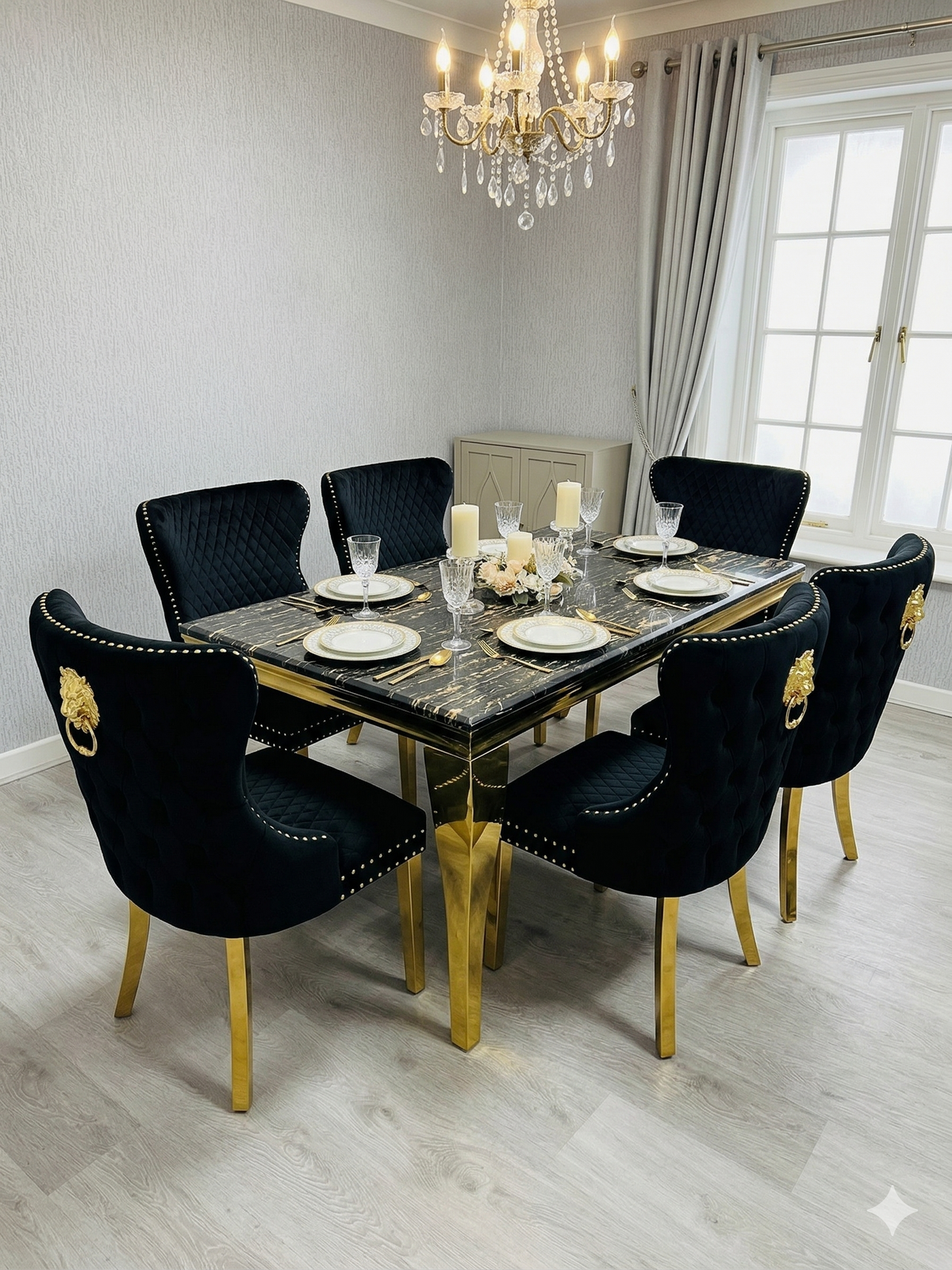 Elina 160cm Gold Marble Dining Table with Valentino Gold Chairs