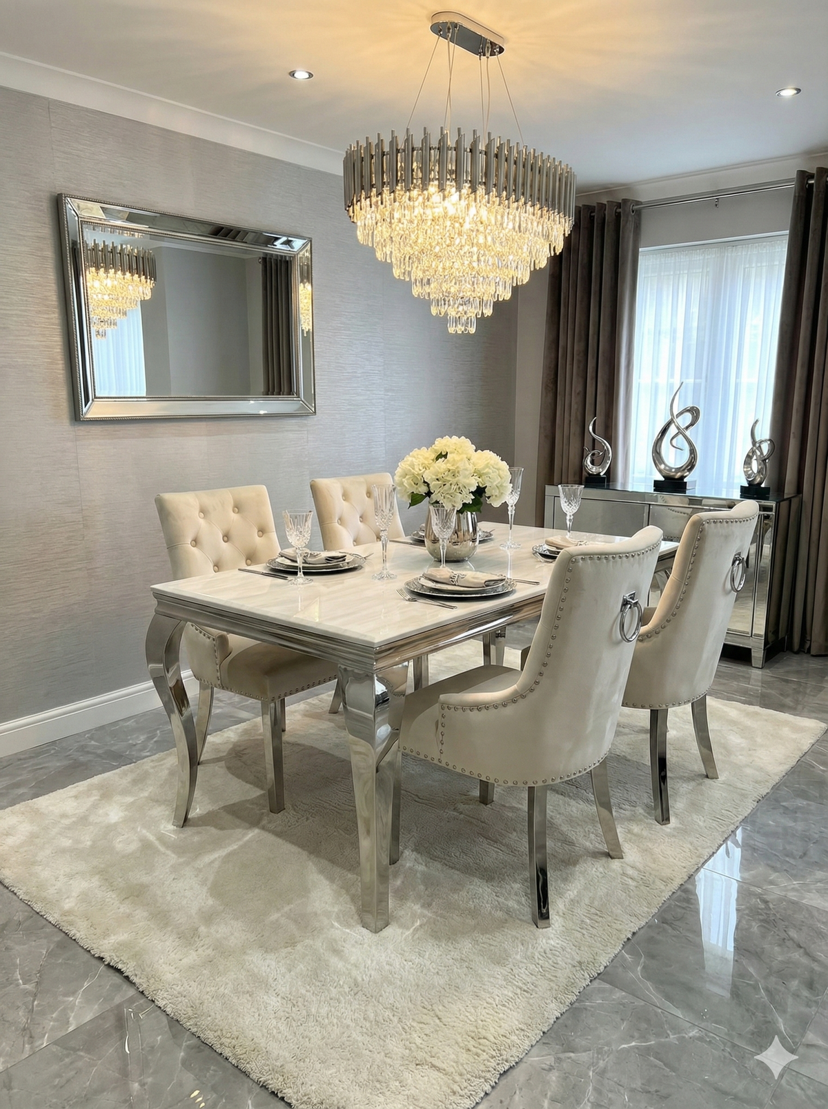 Sofia Grey Marble Dining Table with Valencia Ring Knocker Chairs