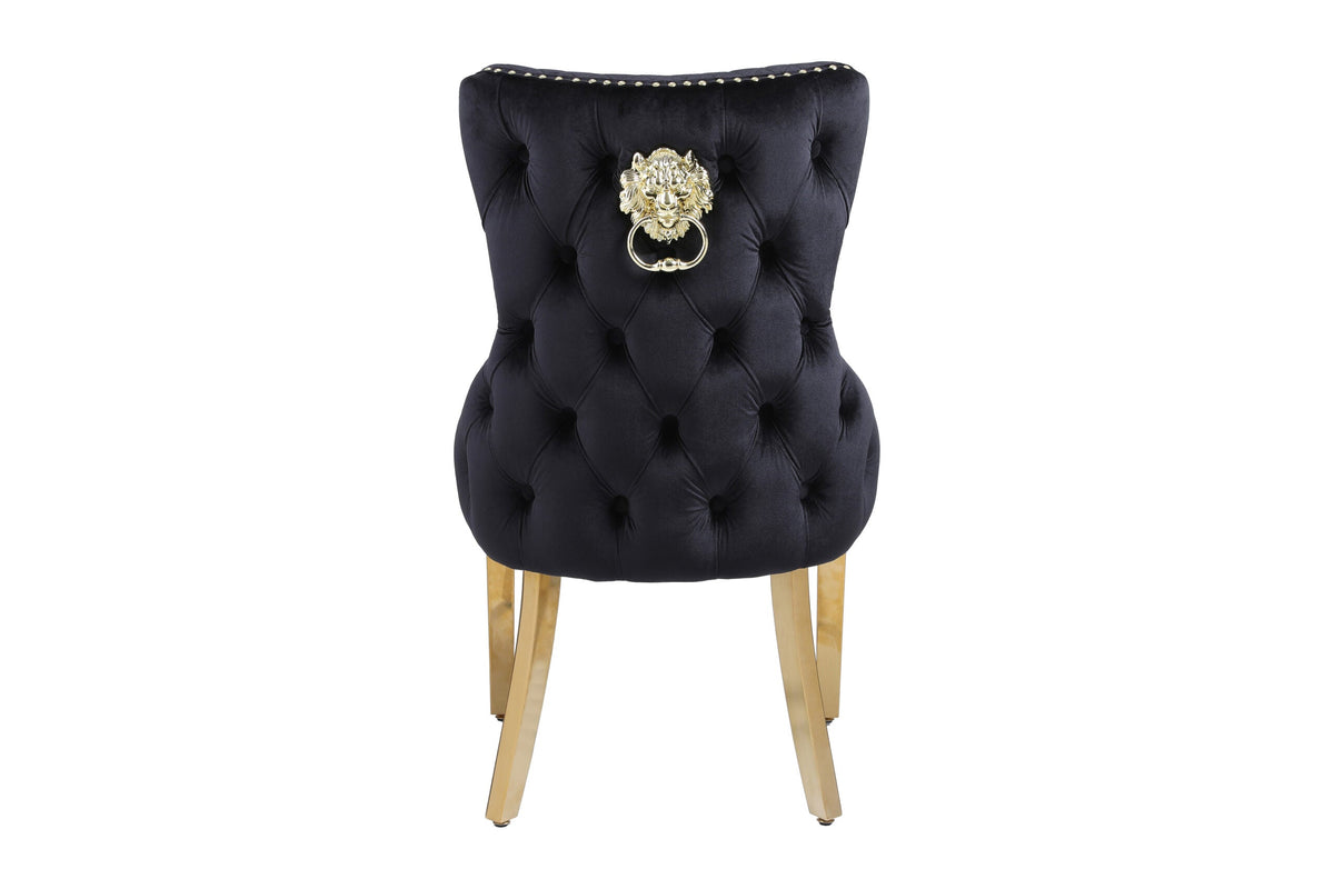 Sofia Black & Gold Marble Dining Table with Victoria Lion Knocker Chairs