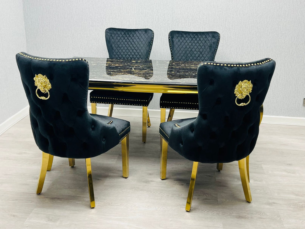 Sofia Black & Gold Marble Dining Table with Victoria Lion Knocker Chairs