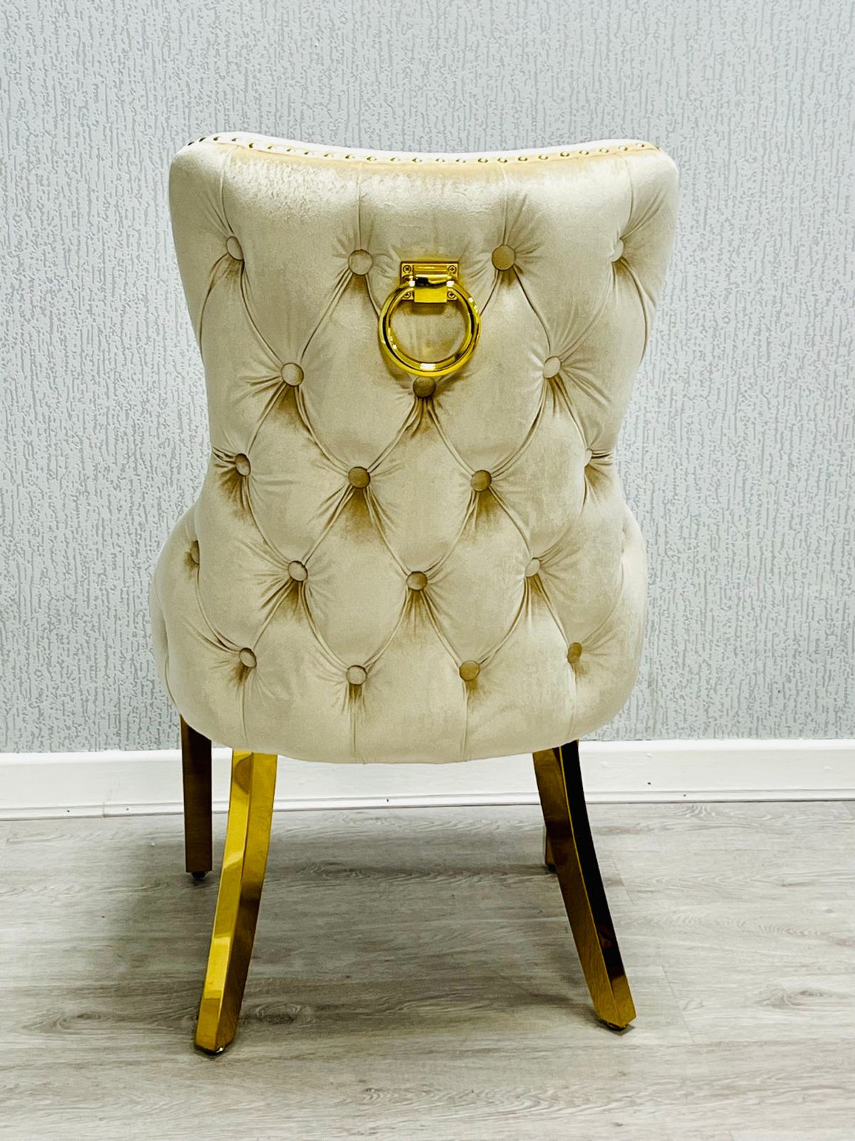 Sofia Round Cream & Gold Marble Dining Table with Victoria Knocker Chairs