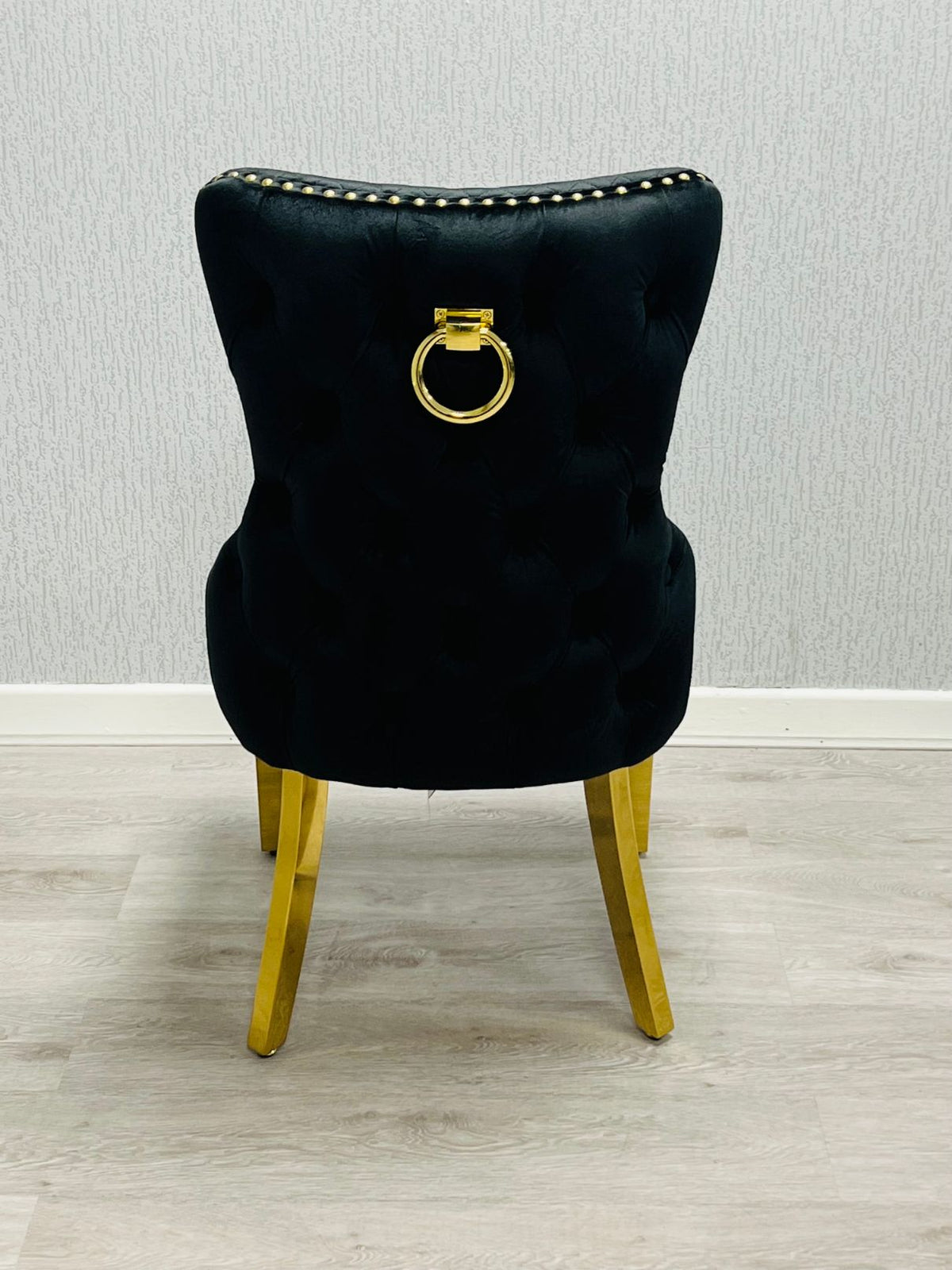 Sofia Round Cream & Gold Marble Dining Table with Victoria Knocker Chairs