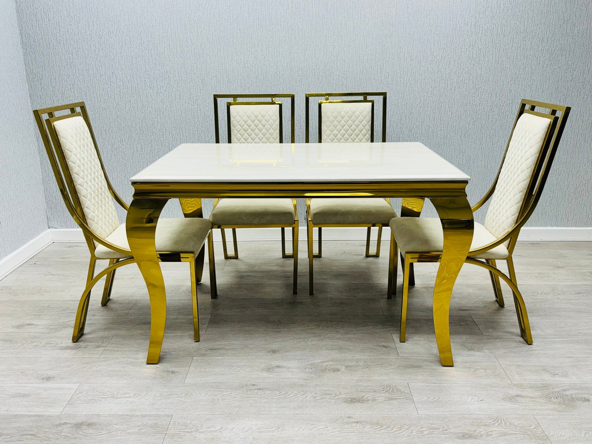 Sofia Cream Gold Marble Dining Table with Windsor Chairs