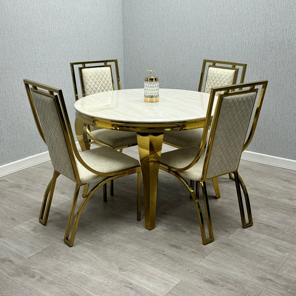 Sofia Cream Gold Marble Dining Table with Windsor Chairs
