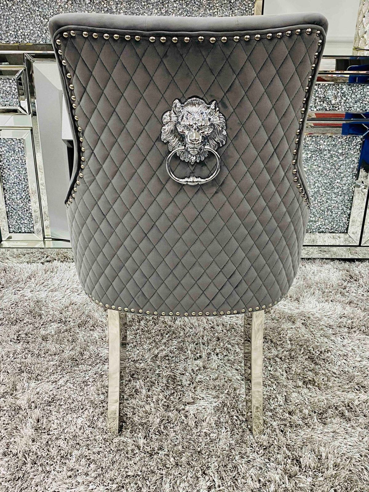 Set Of 2 Majestic Dark Grey Velvet Dining Chair With Lion Knocker