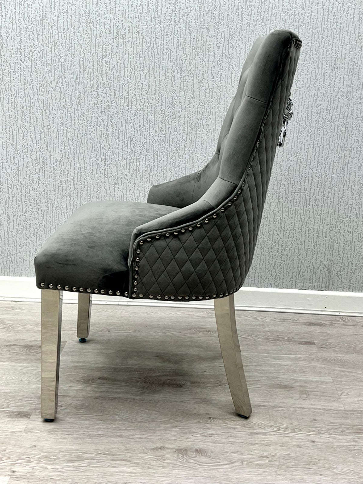 Set Of 2 Majestic Dark Grey Velvet Dining Chair With Lion Knocker