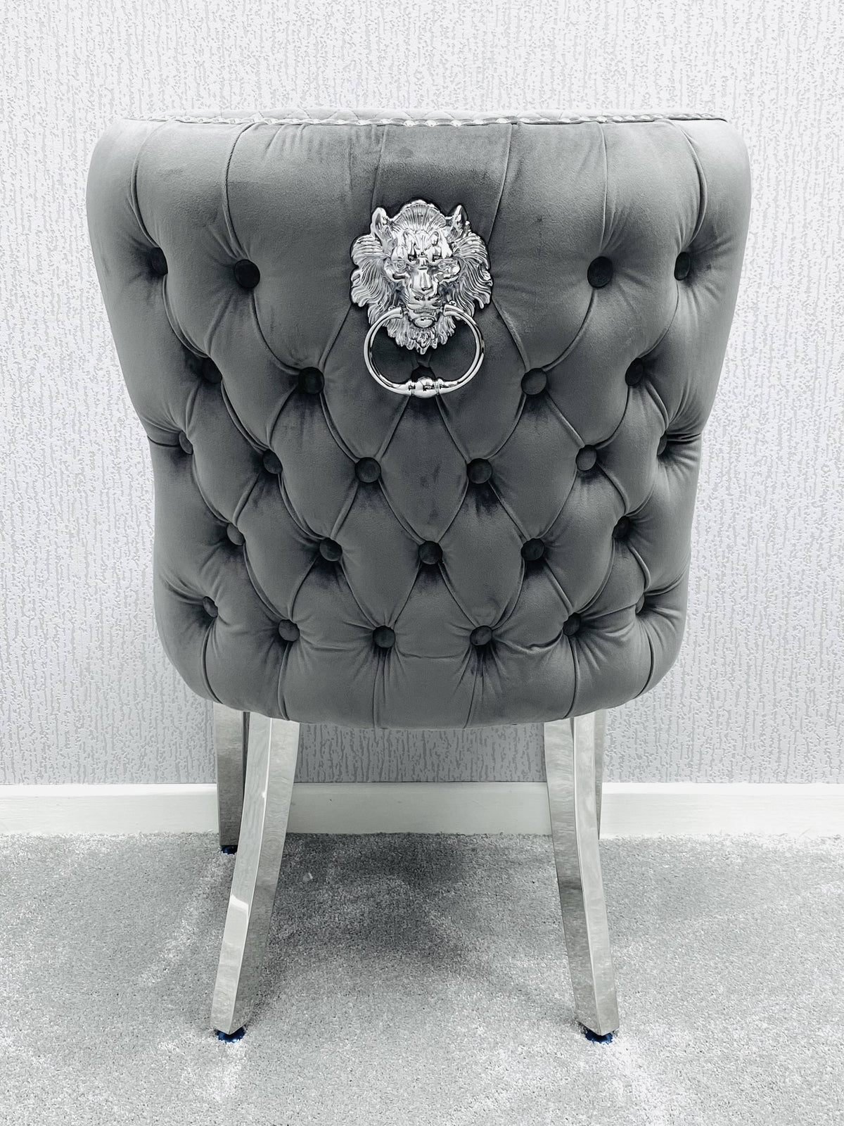 Sofia Grey Marble Dining Table with Valentino Lion Knocker Chairs