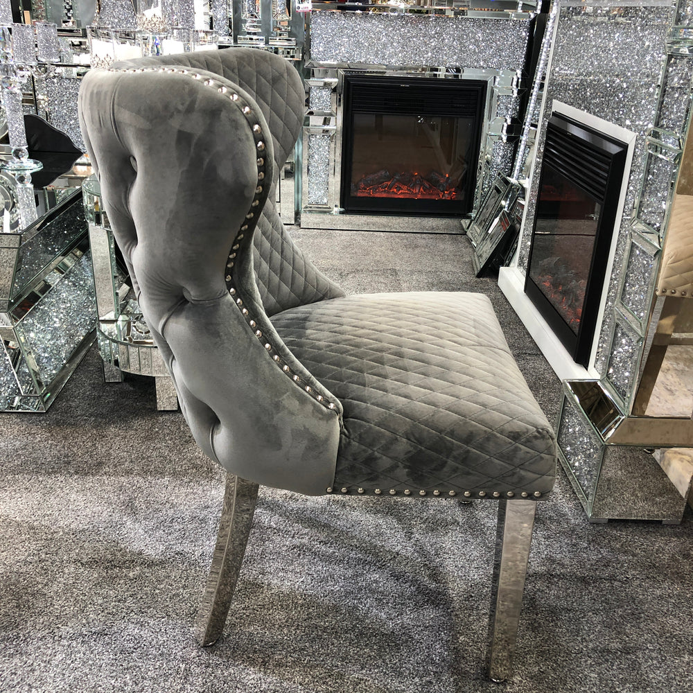 Set Of 2 Valentino Grey Velvet Dining Chair With Lion Knocker