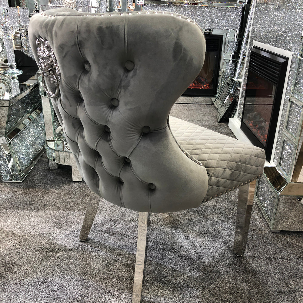 Set Of 2 Valentino Grey Velvet Dining Chair With Lion Knocker