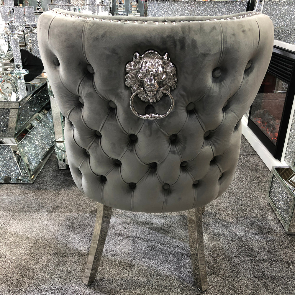 Set Of 2 Valentino Grey Velvet Dining Chair With Lion Knocker