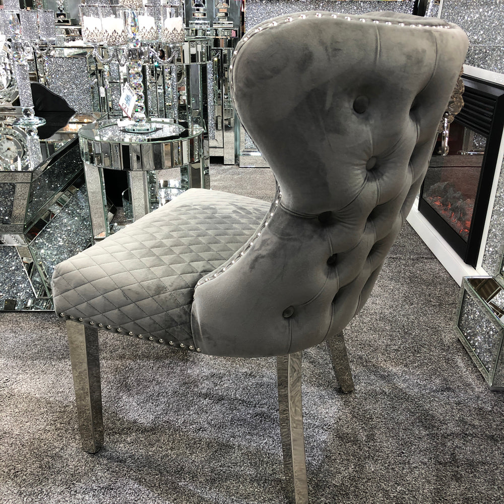Set Of 2 Valentino Grey Velvet Dining Chair With Lion Knocker