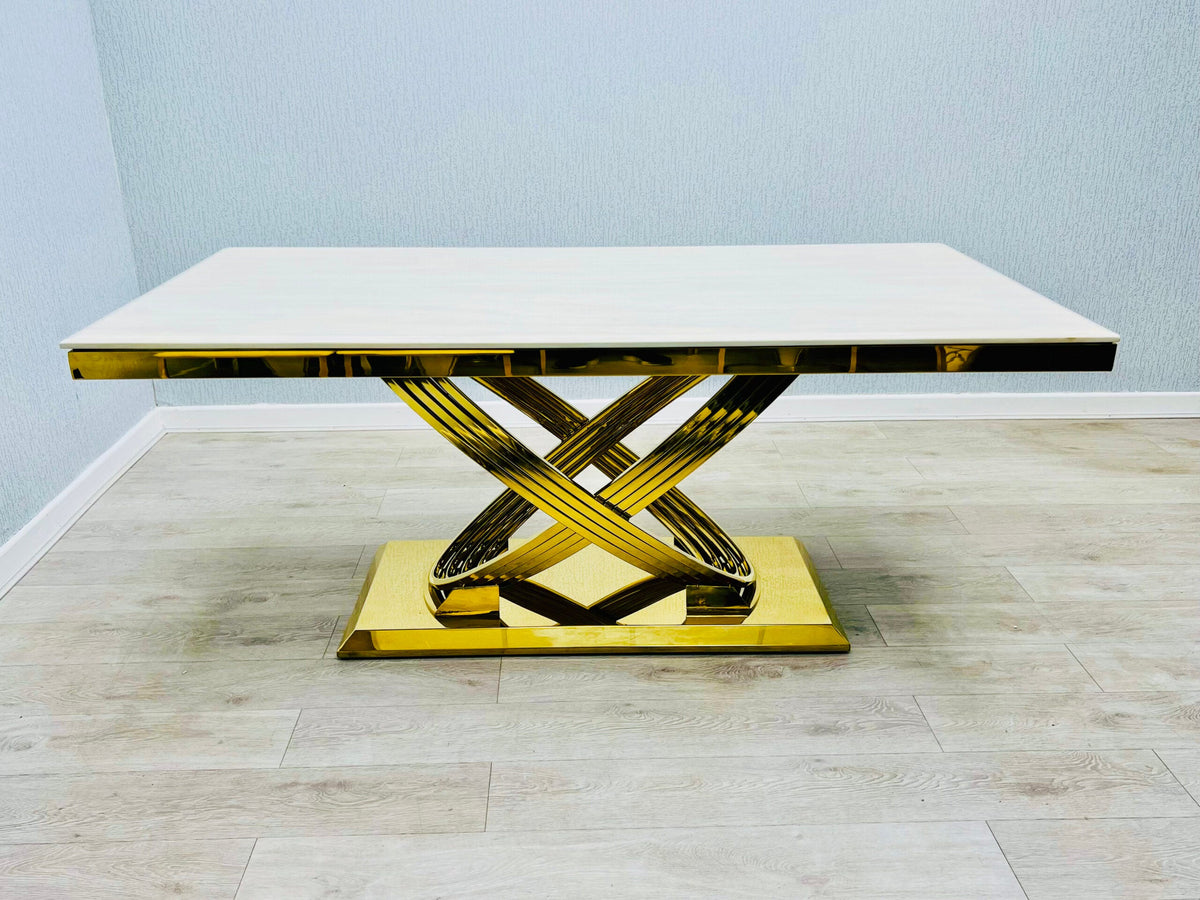 Elina 160cm Gold Marble Dining Table with Valentino Gold Chairs