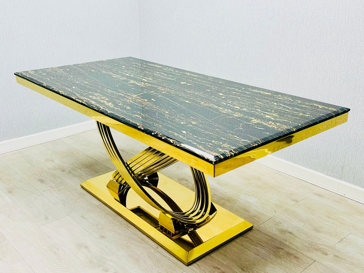 Elina 160cm Gold Marble Dining Table with Valentino Gold Chairs