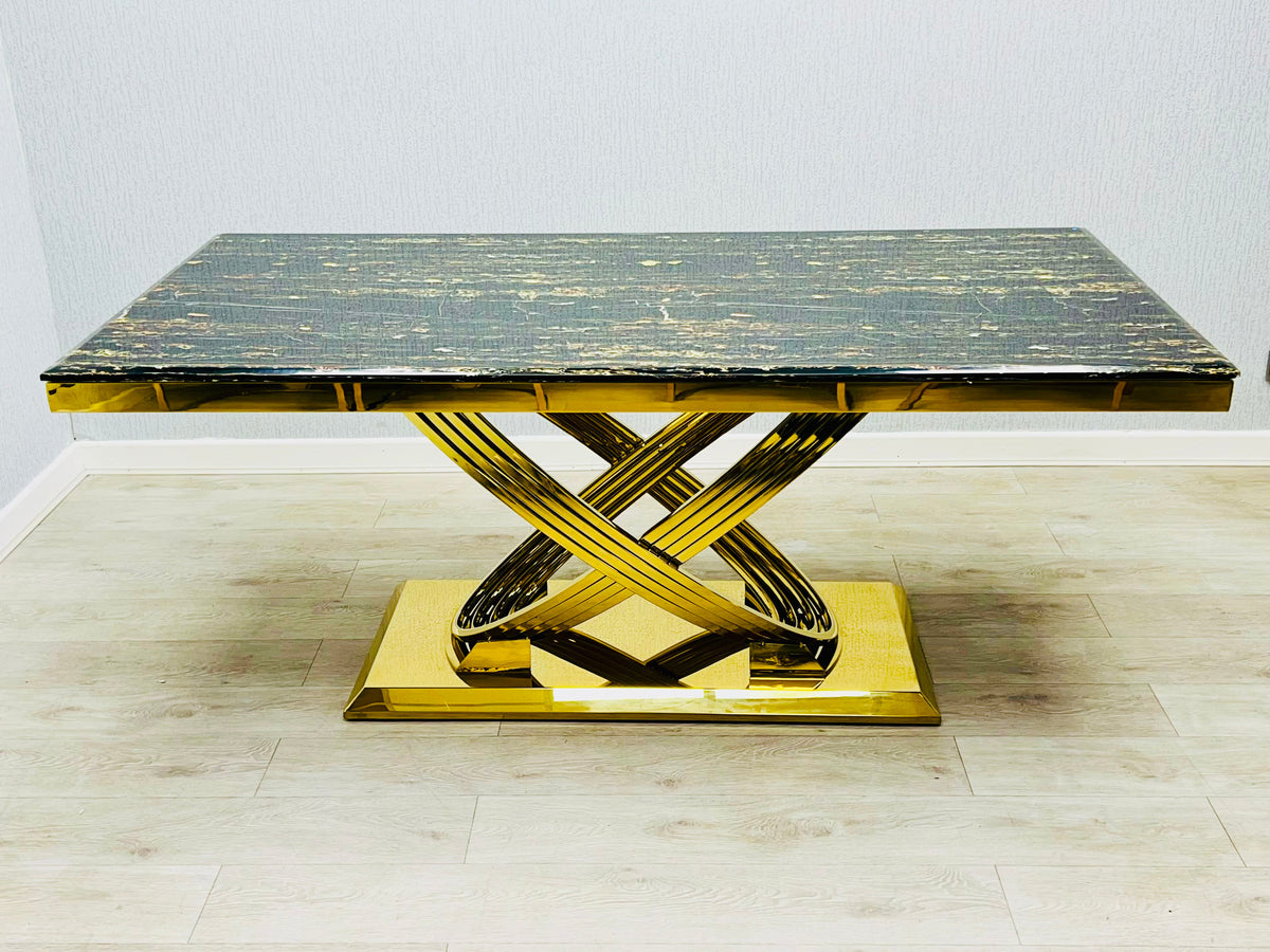 Elina 180cm Gold Marble Dining Table with Sofia Gold Chairs