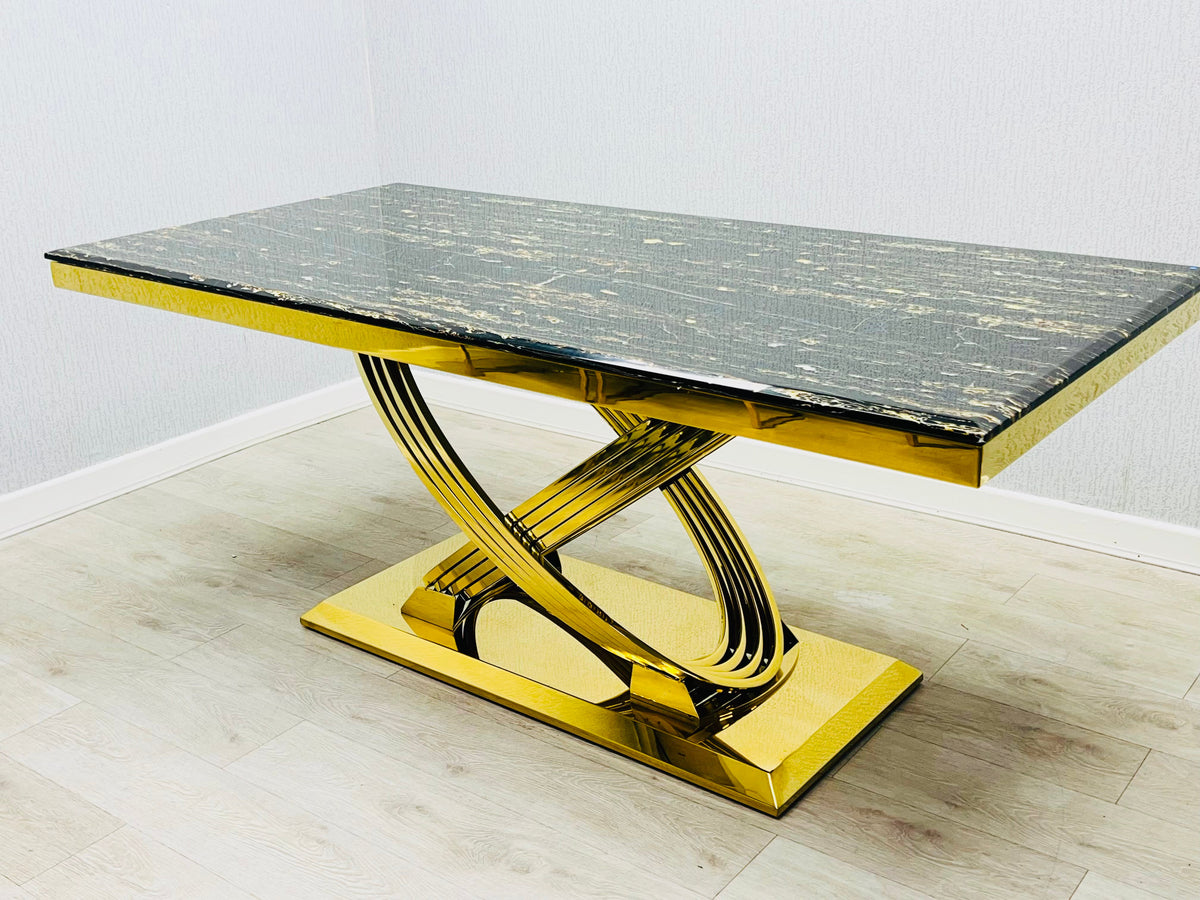Elina 160cm Gold Marble Dining Table with Valentino Gold Chairs