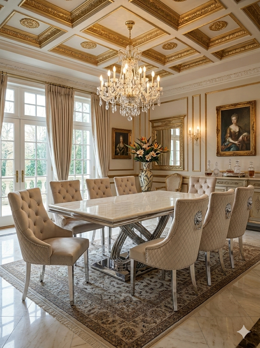 Elina Luxury Grey Marble Dining Table with Majestic Lion Knocker Chairs