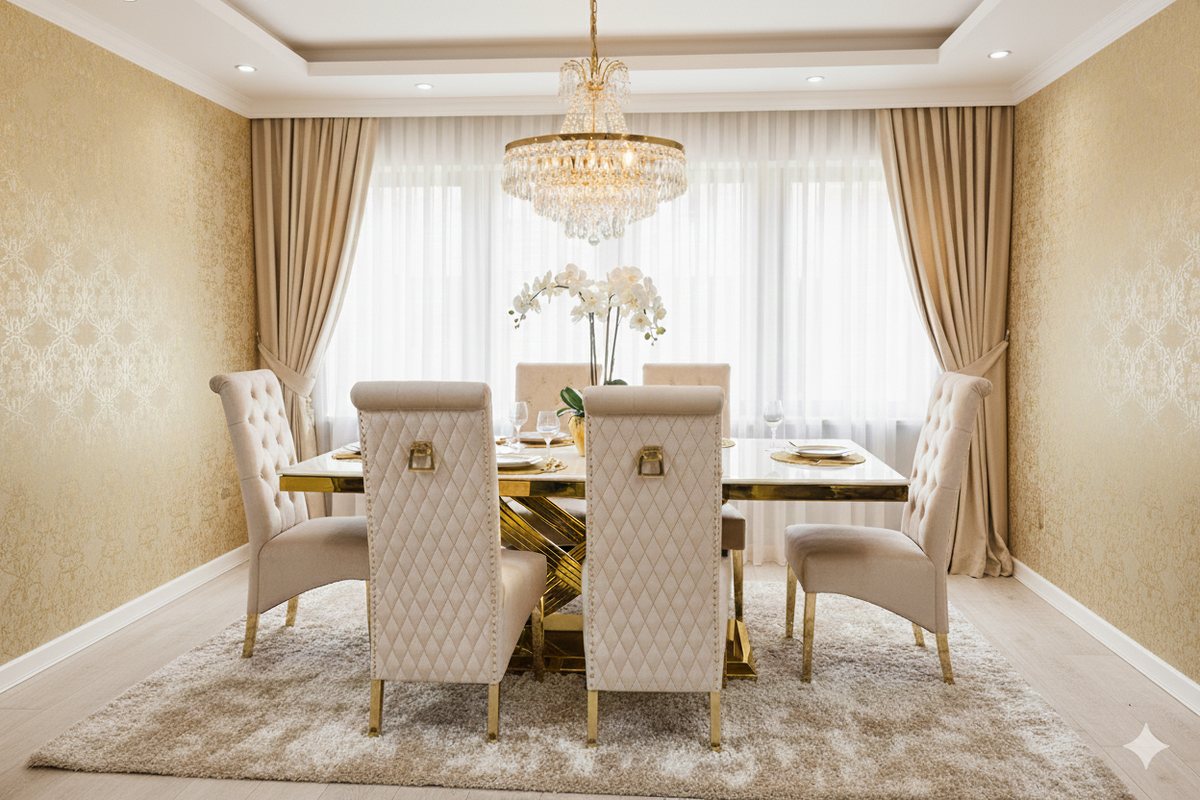 Elina 180cm Gold Marble Dining Table with Sofia Gold Chairs