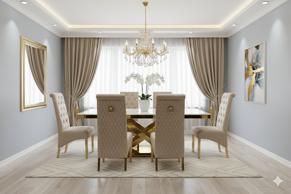 Elina 180cm Gold Marble Dining Table with Sofia Gold Chairs