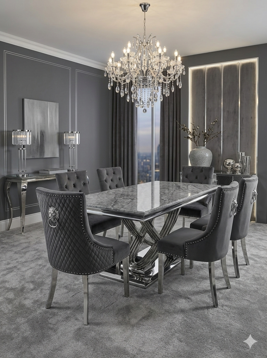 Elina Luxury Grey Marble Dining Table with Majestic Lion Knocker Chairs