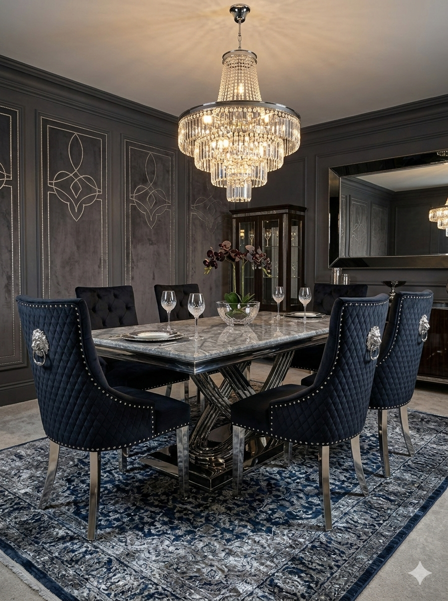 Elina Luxury Grey Marble Dining Table with Majestic Lion Knocker Chairs