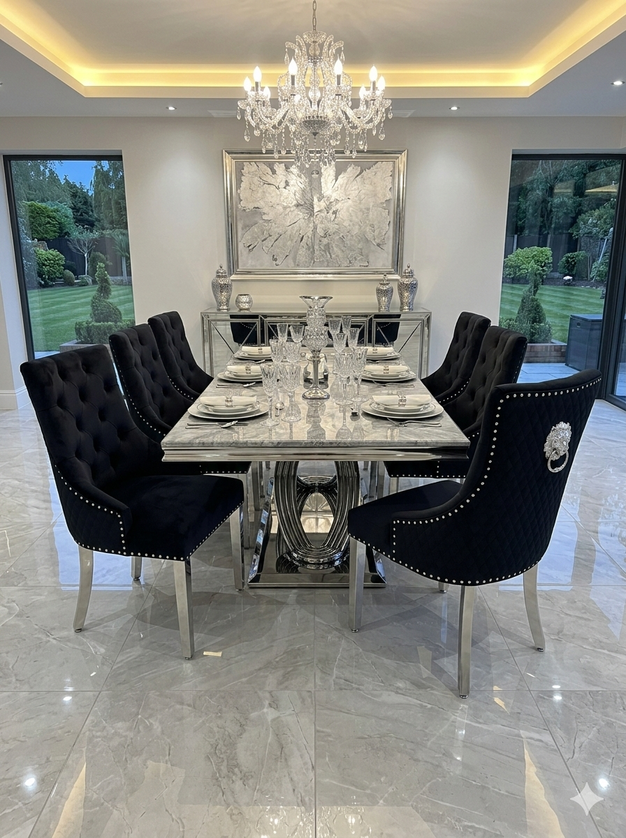 Elina Luxury Grey Marble Dining Table with Majestic Lion Knocker Chairs