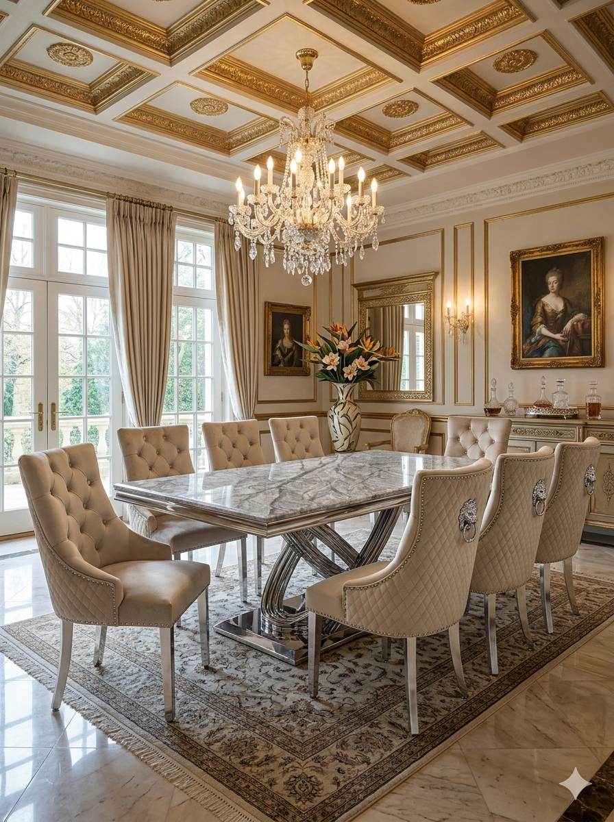 Elina Luxury Grey Marble Dining Table with Majestic Lion Knocker Chairs