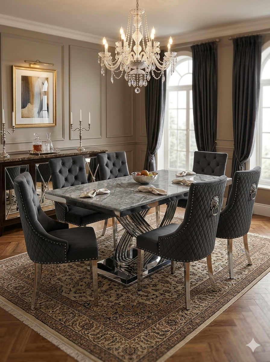 Elina Luxury Grey Marble Dining Table with Majestic Lion Knocker Chairs
