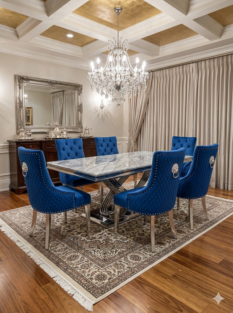 Elina Luxury Grey Marble Dining Table with Majestic Lion Knocker Chairs