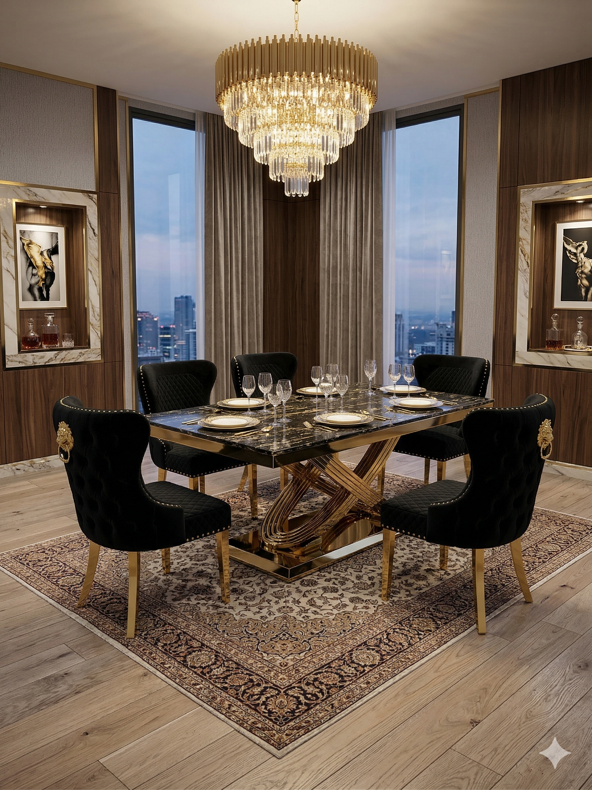 Elina 160cm Gold Marble Dining Table with Valentino Gold Chairs