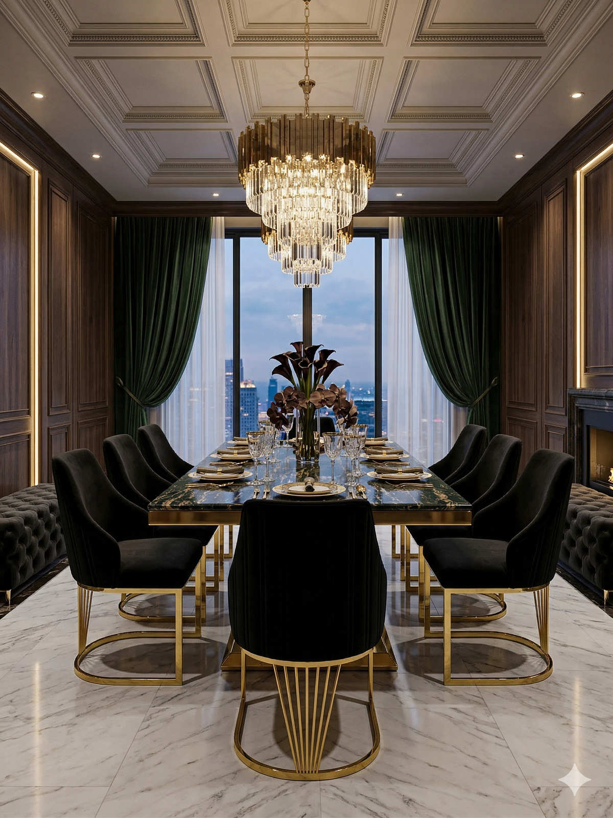 Elina 160cm Gold Marble Dining Table with Lasco Gold Chairs