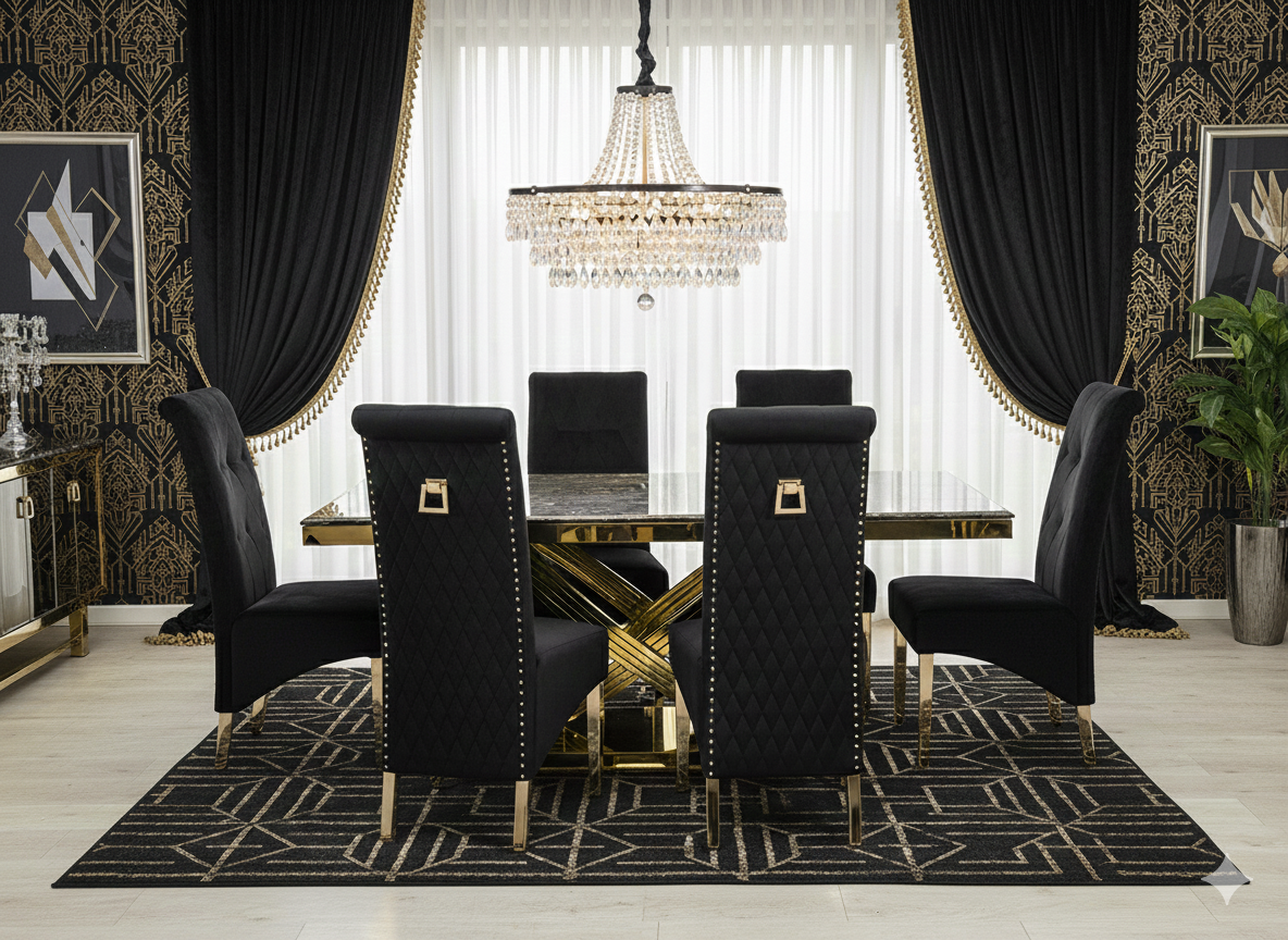 Elina 180cm Gold Marble Dining Table with Sofia Gold Chairs
