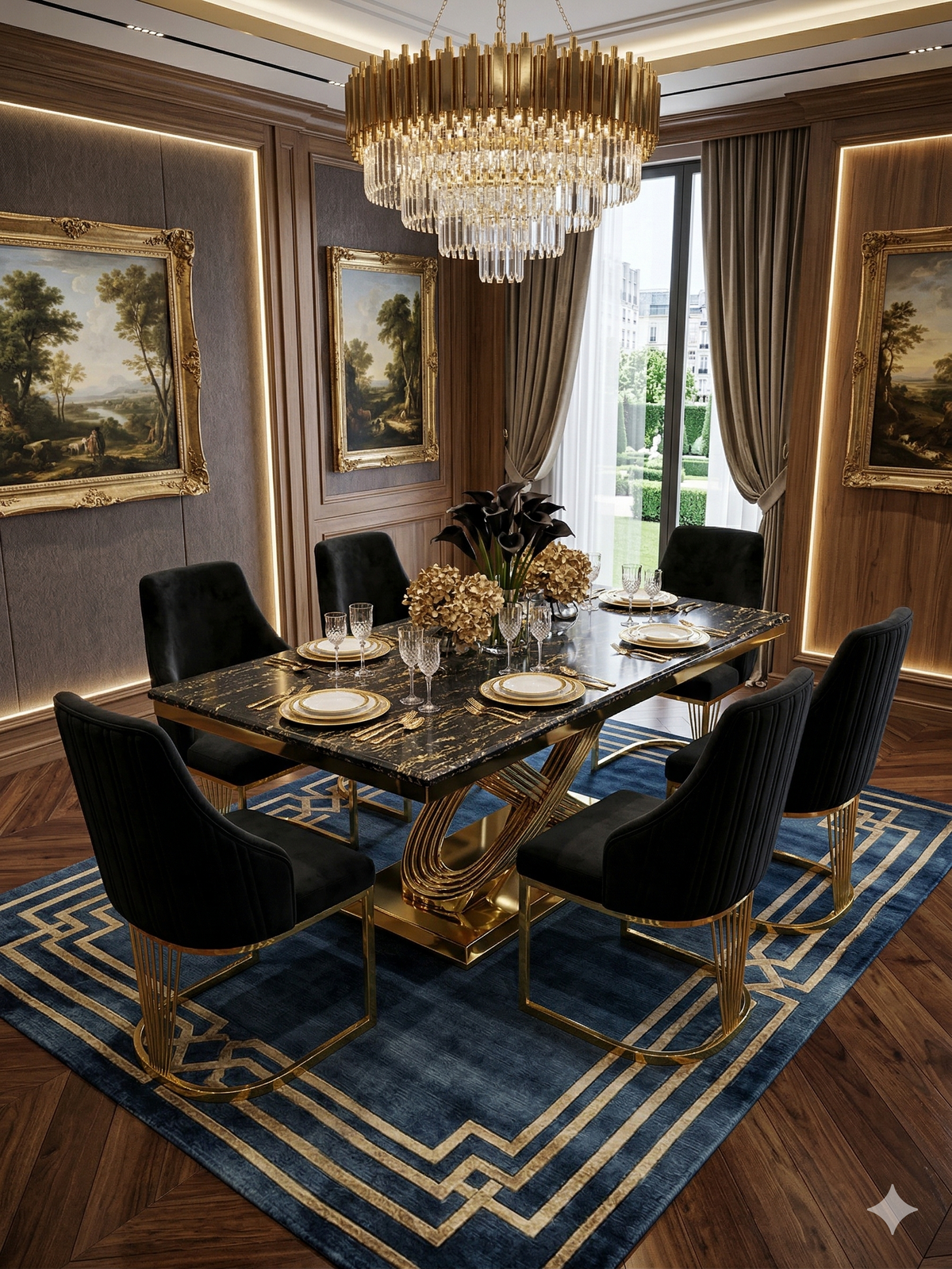 Elina 180cm Gold Marble Dining Table Set with Lasco Gold Chairs