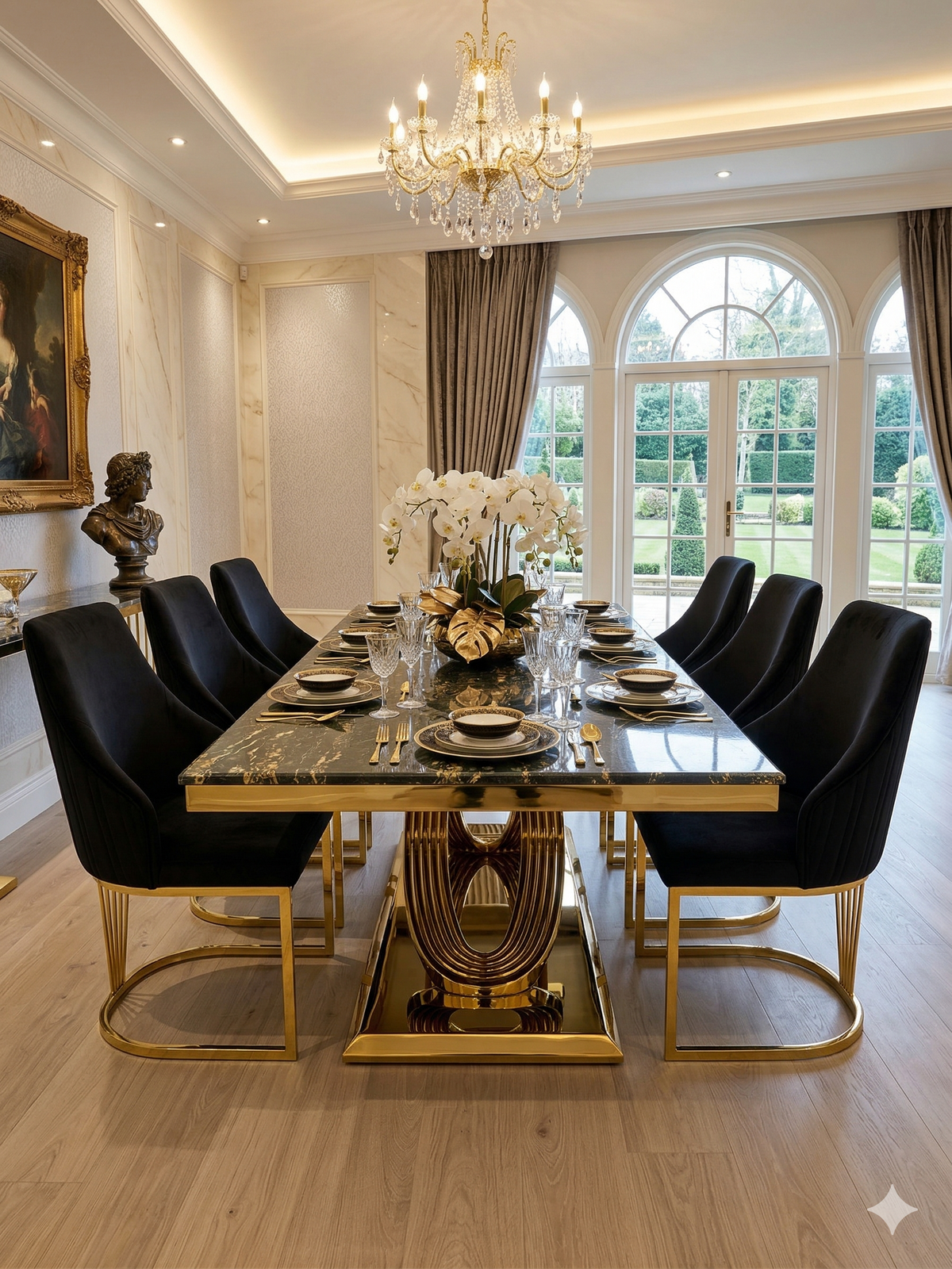 Elina 160cm Gold Marble Dining Table with Lasco Gold Chairs