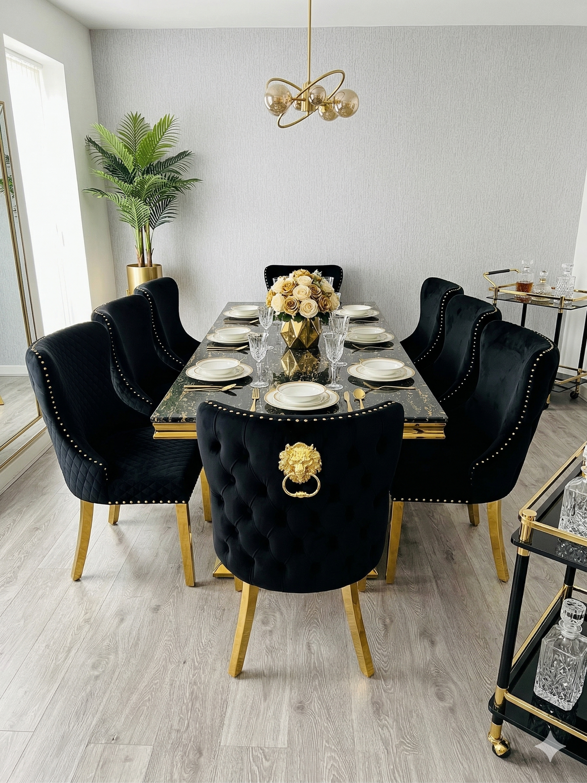 Elina 160cm Gold Marble Dining Table with Valentino Gold Chairs