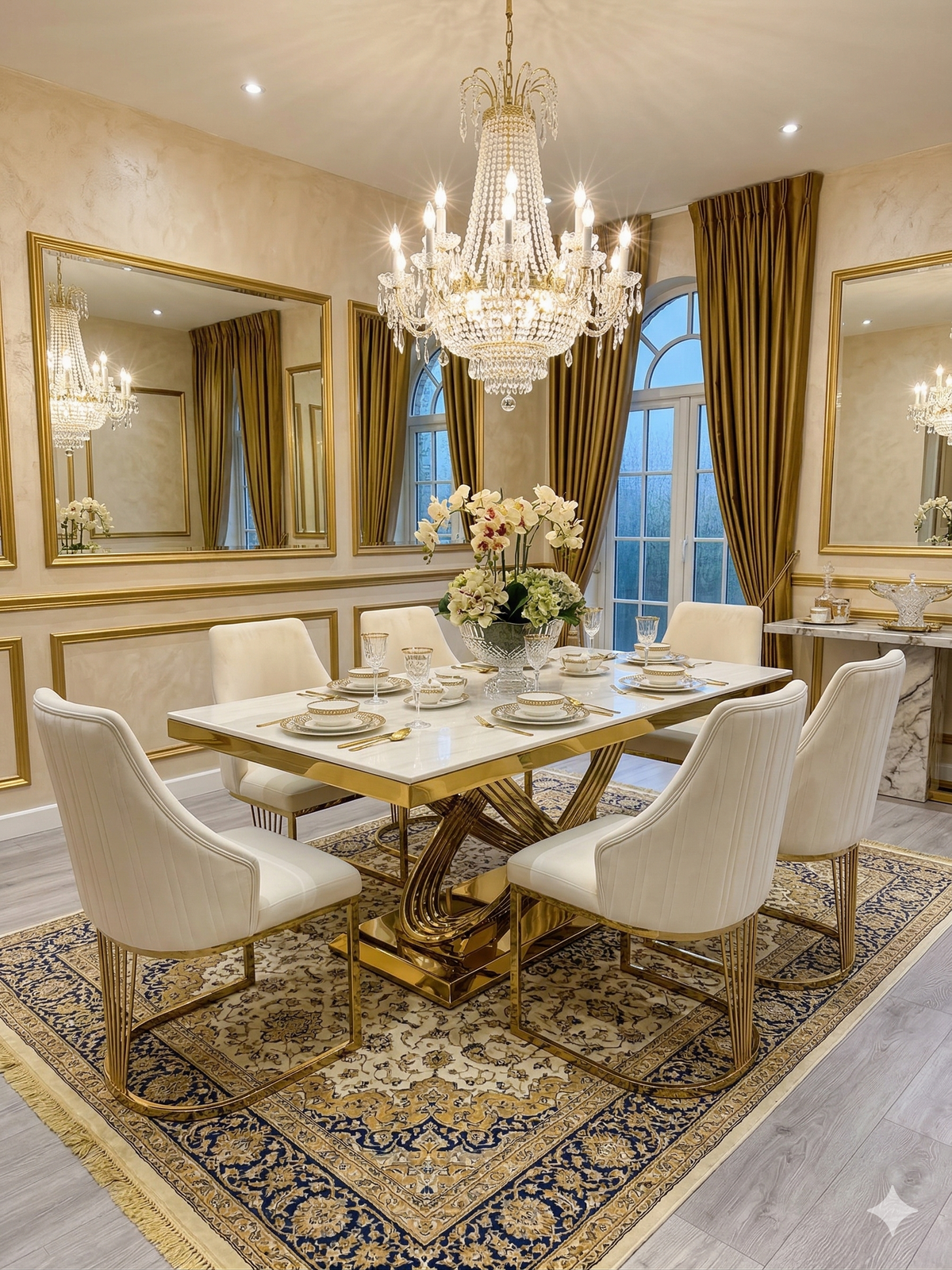 Elina 180cm Gold Marble Dining Table Set with Lasco Gold Chairs