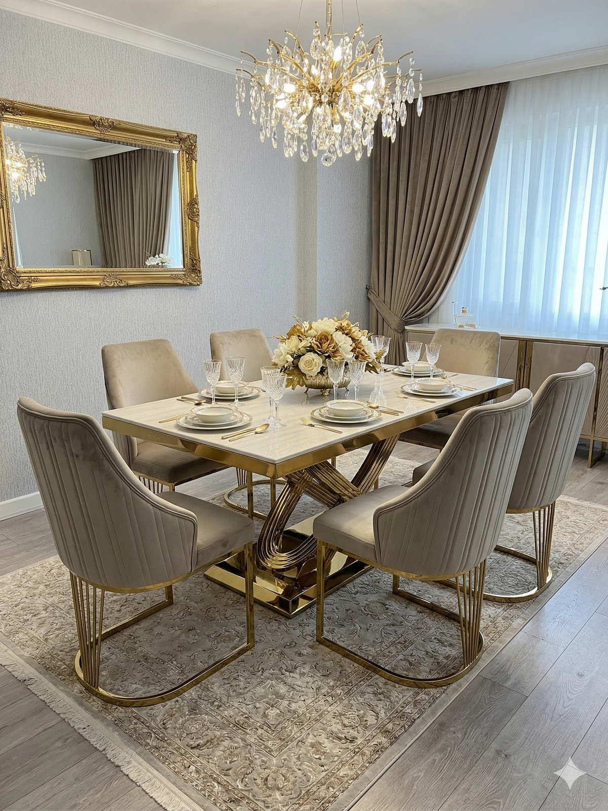Elina 180cm Gold Marble Dining Table Set with Lasco Gold Chairs