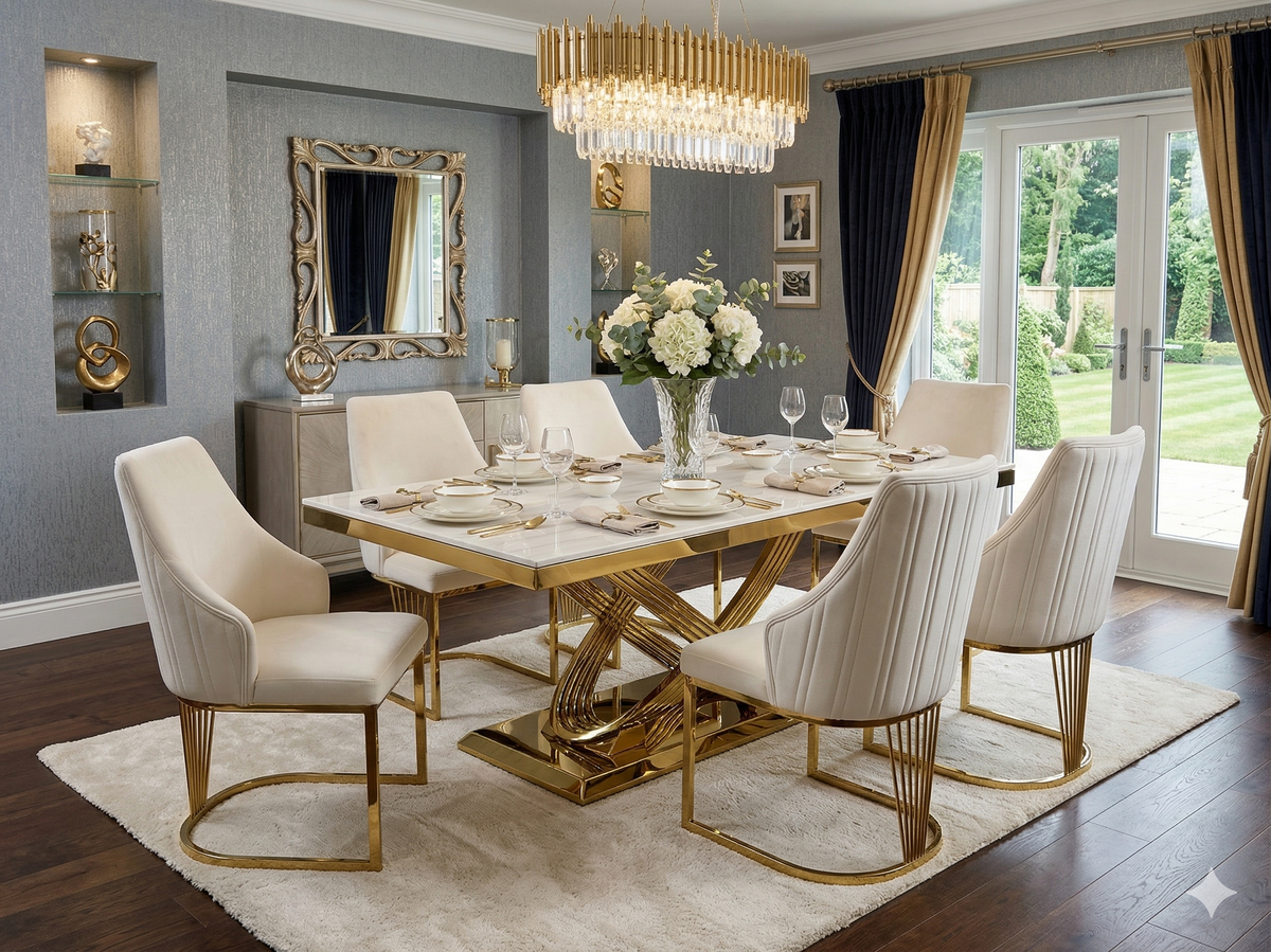 Elina 180cm Gold Marble Dining Table Set with Lasco Gold Chairs