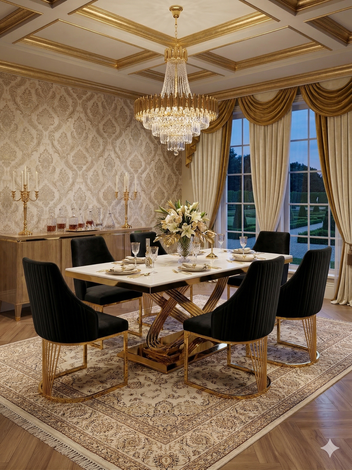 Elina 180cm Gold Marble Dining Table Set with Lasco Gold Chairs