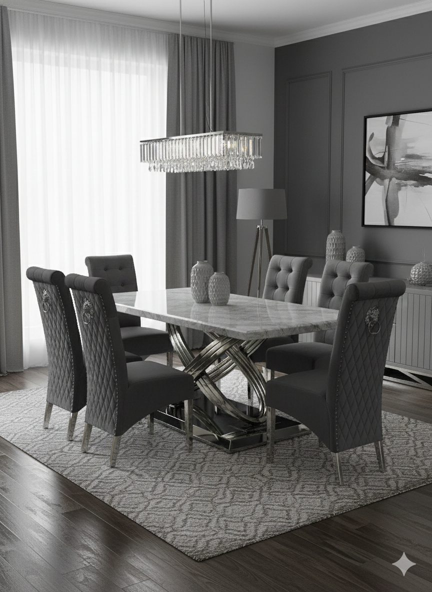 Elina Grey Marble Dining Table With Sofia Grey Chairs