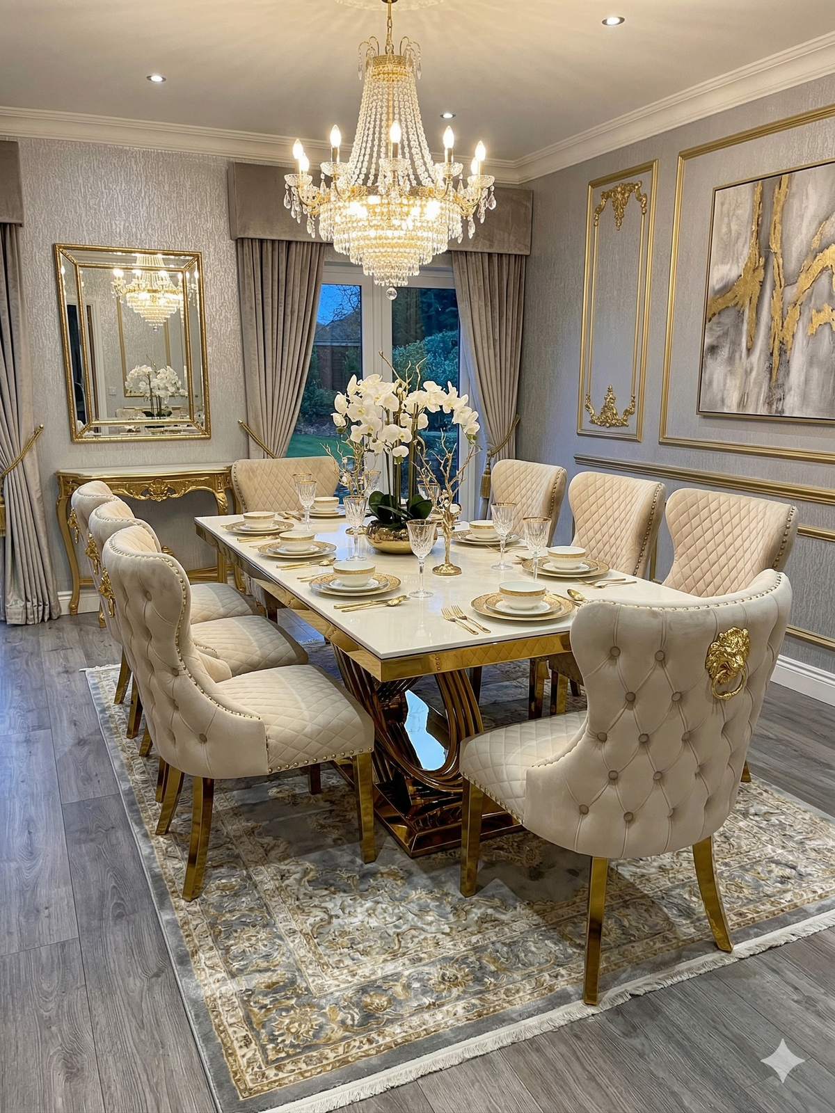 Elina 160cm Gold Marble Dining Table with Valentino Gold Chairs