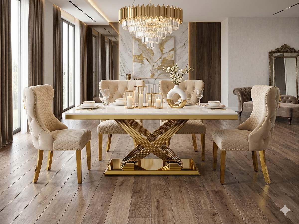 Elina 160cm Gold Marble Dining Table with Valentino Gold Chairs