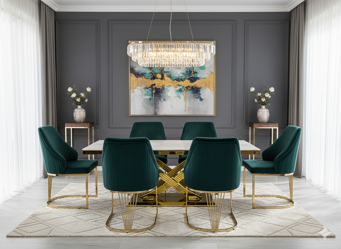 Elina 160cm Gold Marble Dining Table with Lasco Gold Chairs