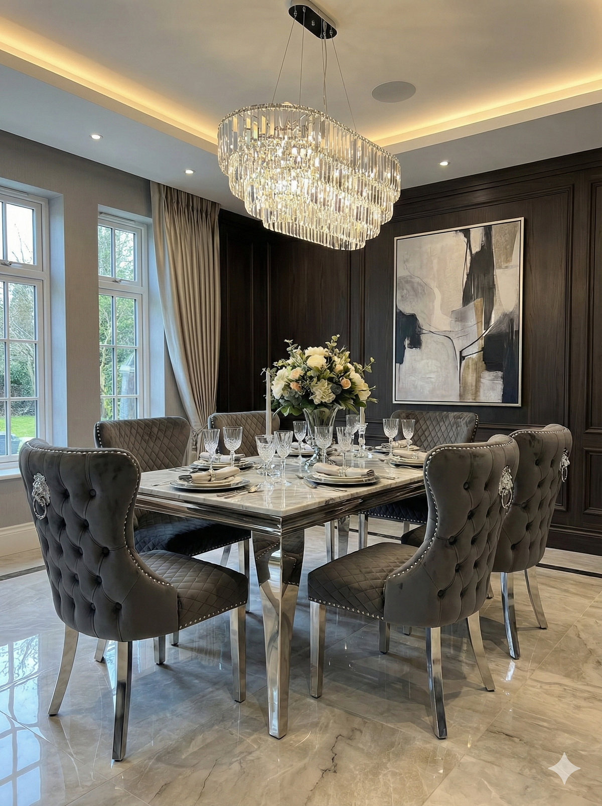 Sofia Grey Marble Dining Table with Valentino Lion Knocker Chairs