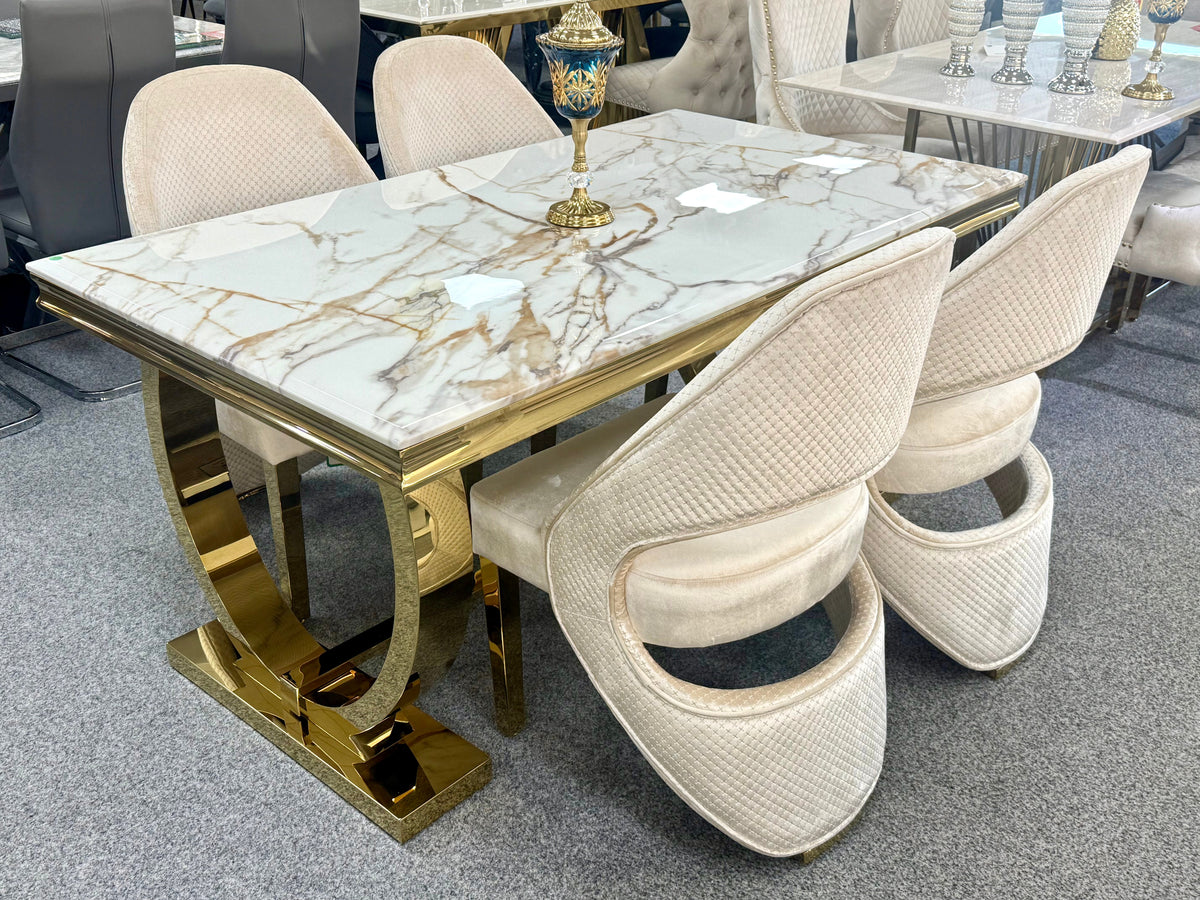 Ariana 160cm White & Gold Dining Table Set with Santo Chairs