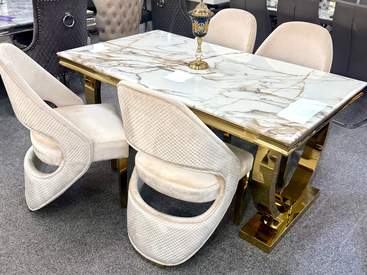 Ariana 160cm White & Gold Dining Table Set with Santo Chairs