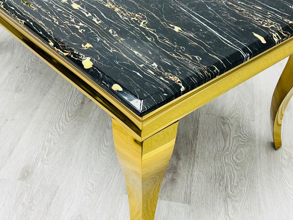 Sofia Black & Gold Marble Dining Table with Victoria Lion Knocker Chairs