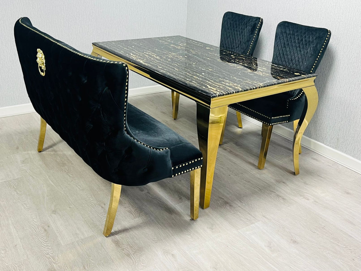 Sofia Black & Gold Marble Dining Table with Victoria Lion Knocker Chairs