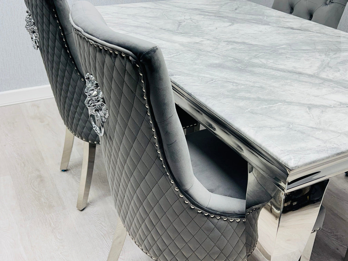 Sofia 150cm Grey Marble Table Set with 4 Majestic Grey Lion Knocker Chairs